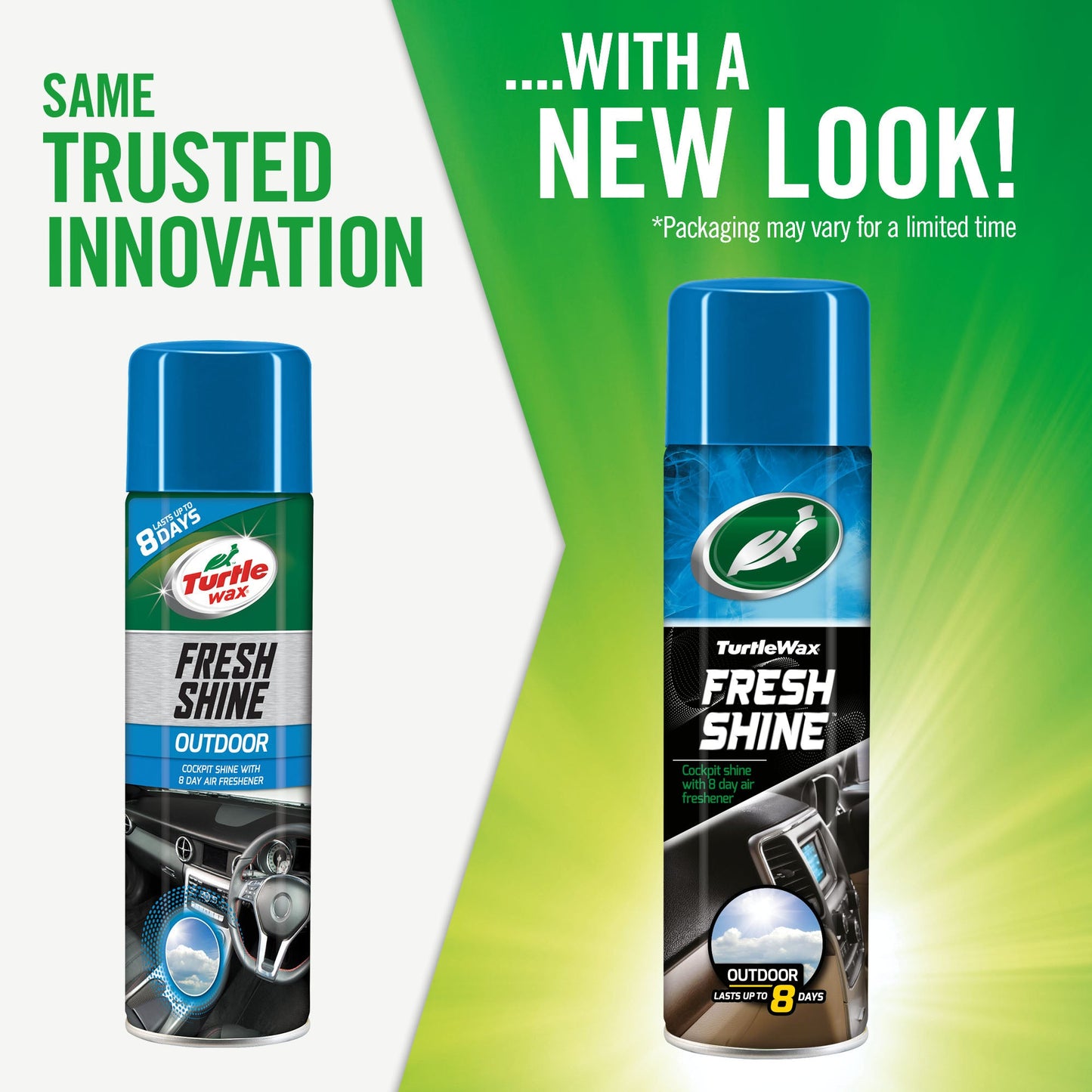 Turtle Wax Fresh Shine Outdoor cockpit shine for car interiors, available in new packaging. Air freshener lasts up to 8 days. #carcare #india