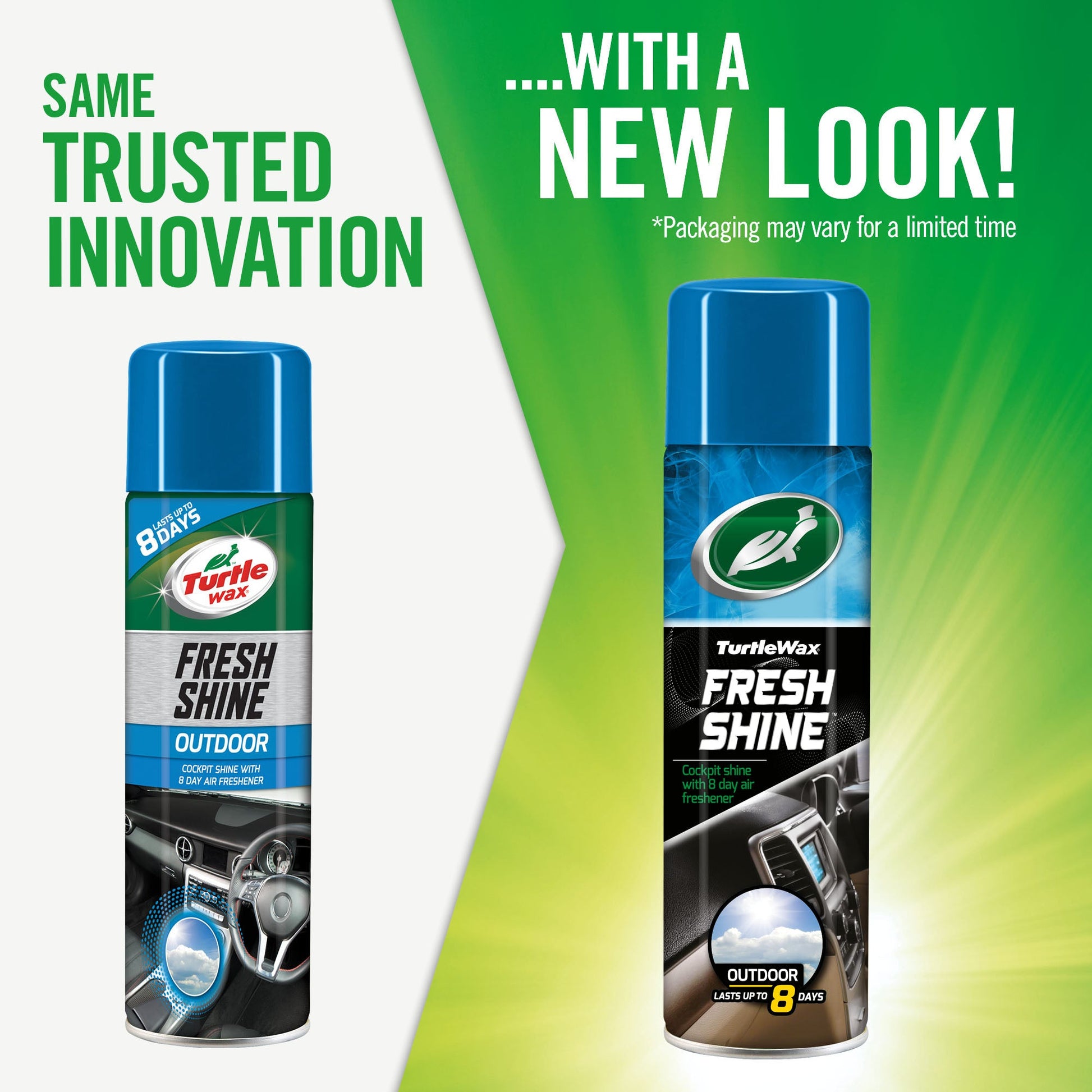 Turtle Wax Fresh Shine Outdoor cockpit shine for car interiors, available in new packaging. Air freshener lasts up to 8 days. #carcare #india