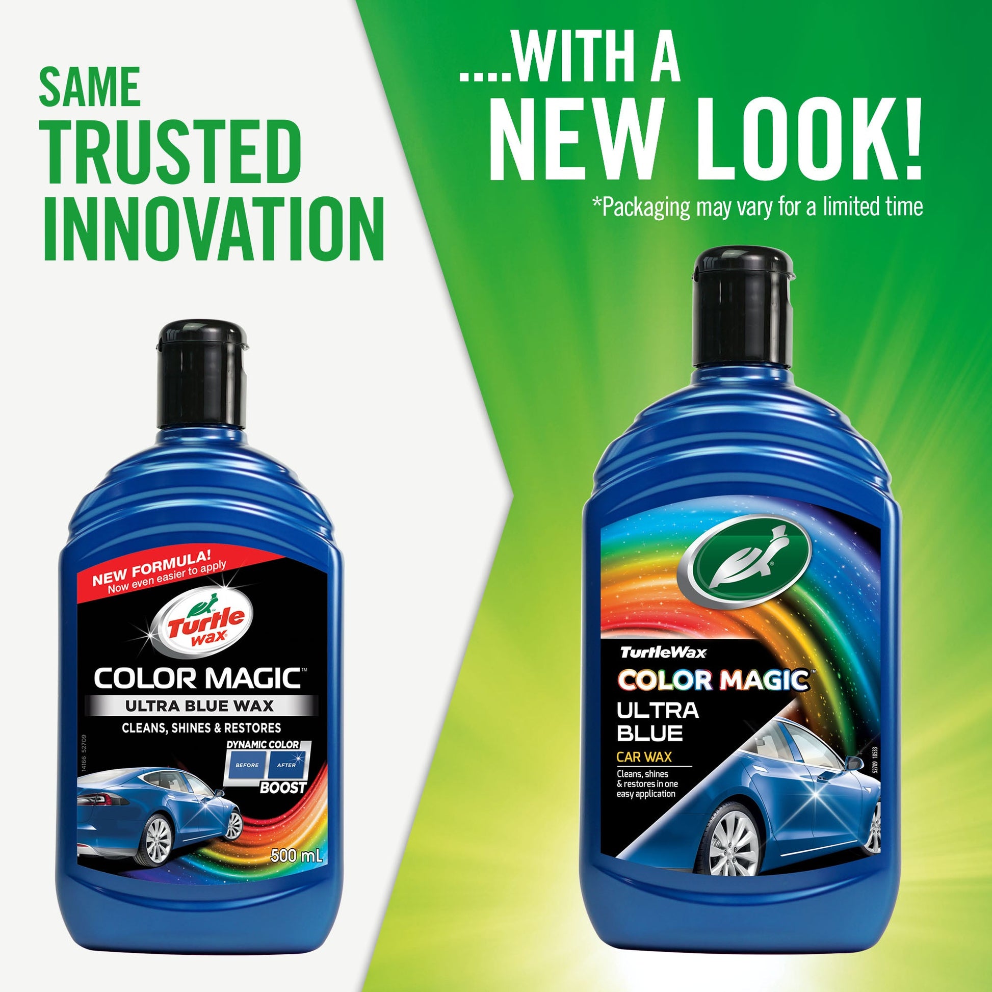 Turtle Wax Color Magic Ultra Blue car wax bottles. Before/after color boost. Cleans, shines, restores. Easy to apply.