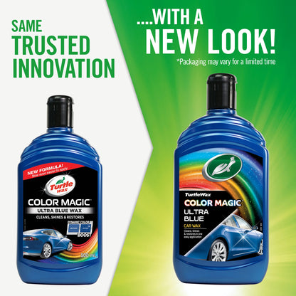 Turtle Wax Color Magic Ultra Blue car wax bottles. Before/after color boost. Cleans, shines, restores. Easy to apply.