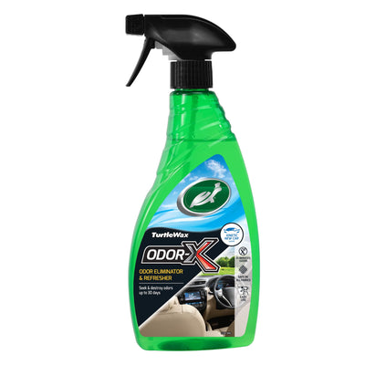 Turtle Wax ODOR-X car odor eliminator & refresher spray in a green 500ml bottle. Eliminates odors. Safe on all fabrics. Indian market.