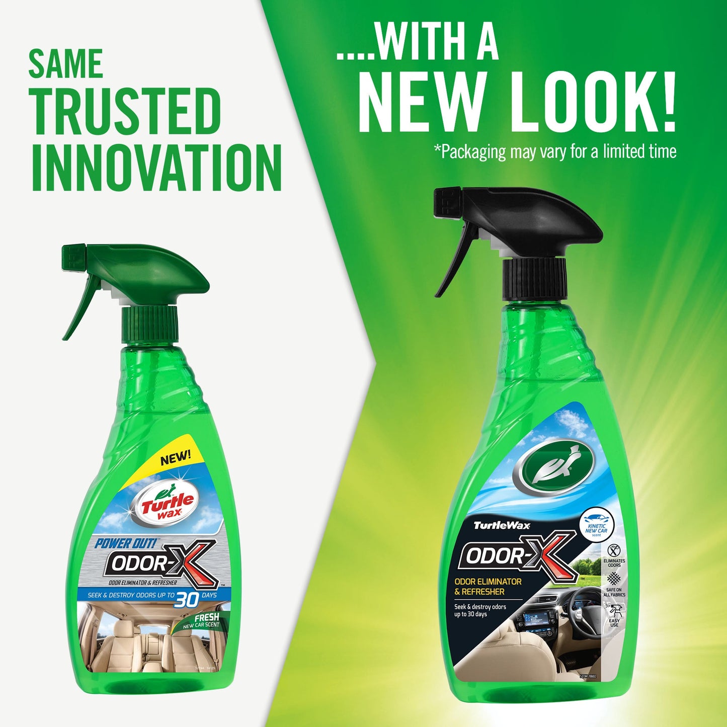 Turtle Wax ODOR-X: Car odor eliminator and refresher in a spray bottle. New look, same innovation! Available in India.