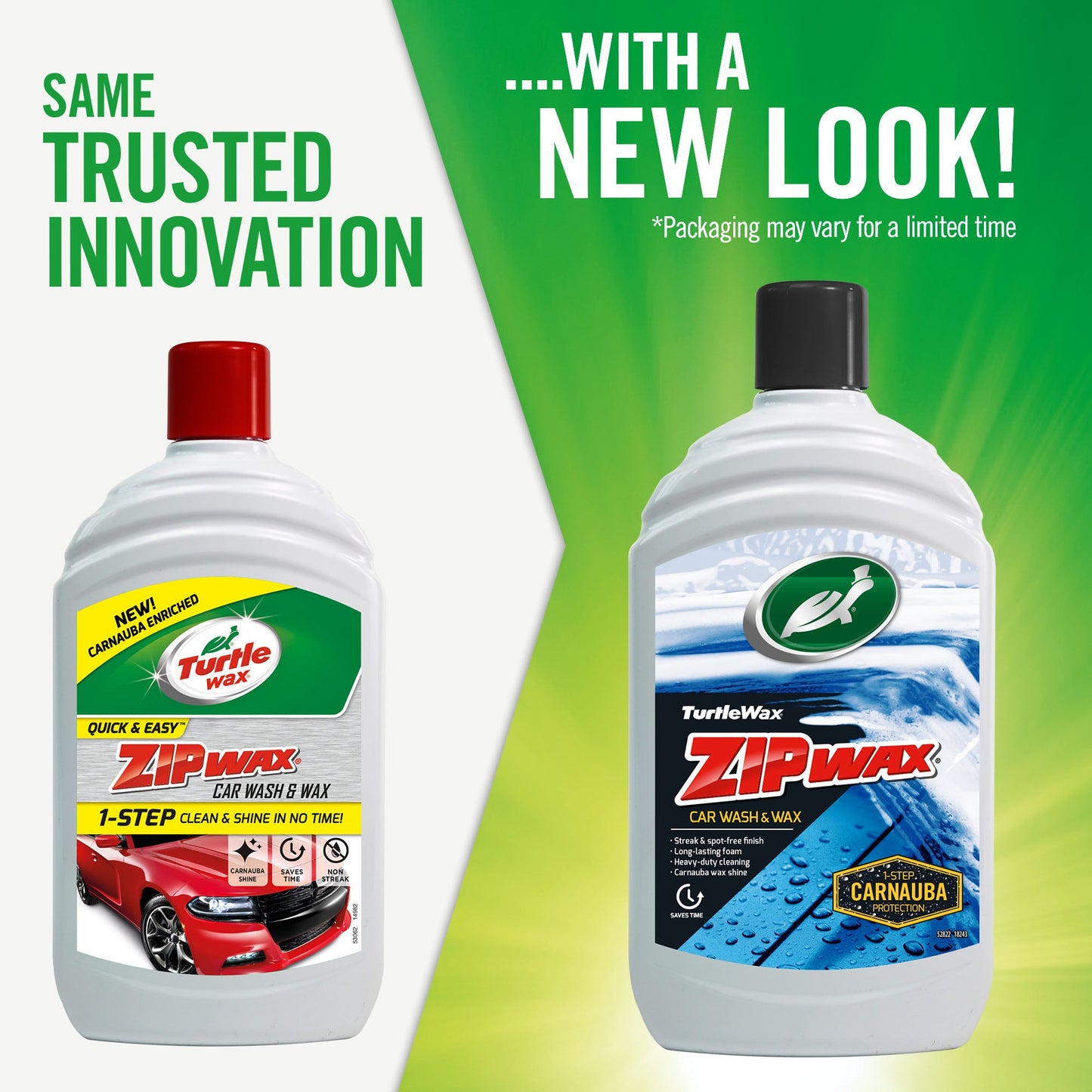 Turtle Wax car wash in two bottle design showing 1-step clean & shine, & Carnauba protection. Car care & auto detailing concept for India.