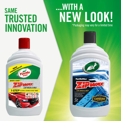 Turtle Wax car wash in two bottle design showing 1-step clean & shine, & Carnauba protection. Car care & auto detailing concept for India.