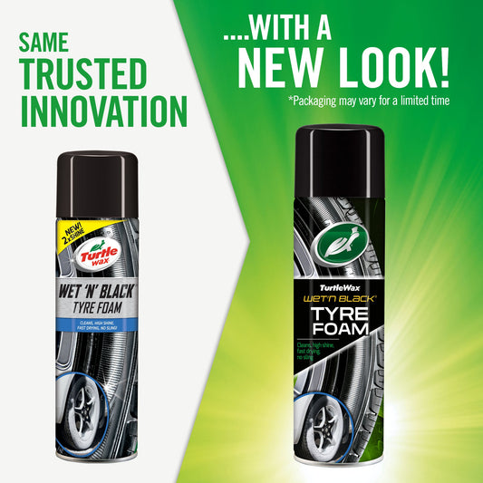 Turtle Wax Wet'N Black Tyre Foam enhances shine & cleans car tyres. New look, same trusted innovation for Indian roads.