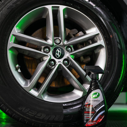 Turtle Wax tire spray for car shine. Graphene Acrylic coating enhances tyre look & protection. Wheel visible. Ideal for Indian roads.