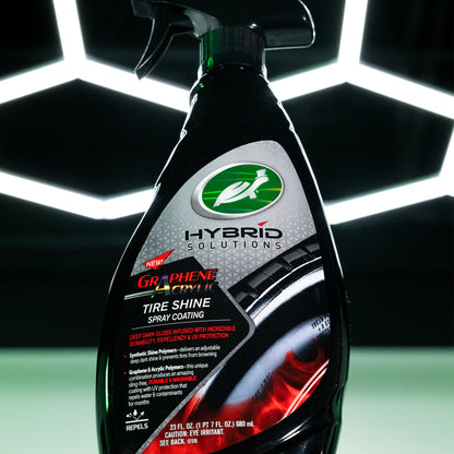 Turtle Wax Hybrid Solutions Graphene Acrylic Tire Shine Spray Coating offers UV protection and repels water and contaminants.
