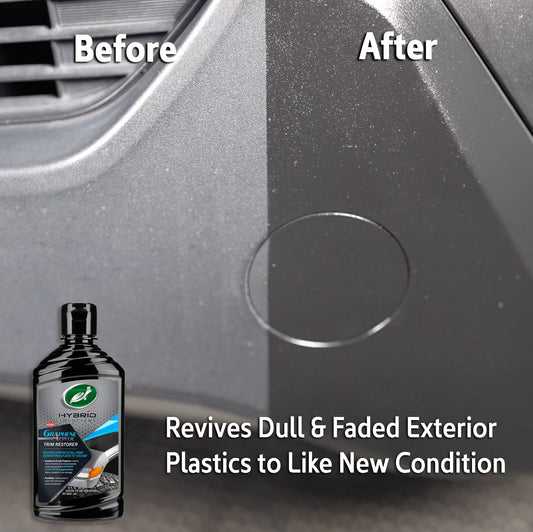 Turtle Wax Hybrid Solutions Trim Restorer revives faded car plastic, showing before & after results. Graphene acrylic tech. Car care for Indian drivers.
