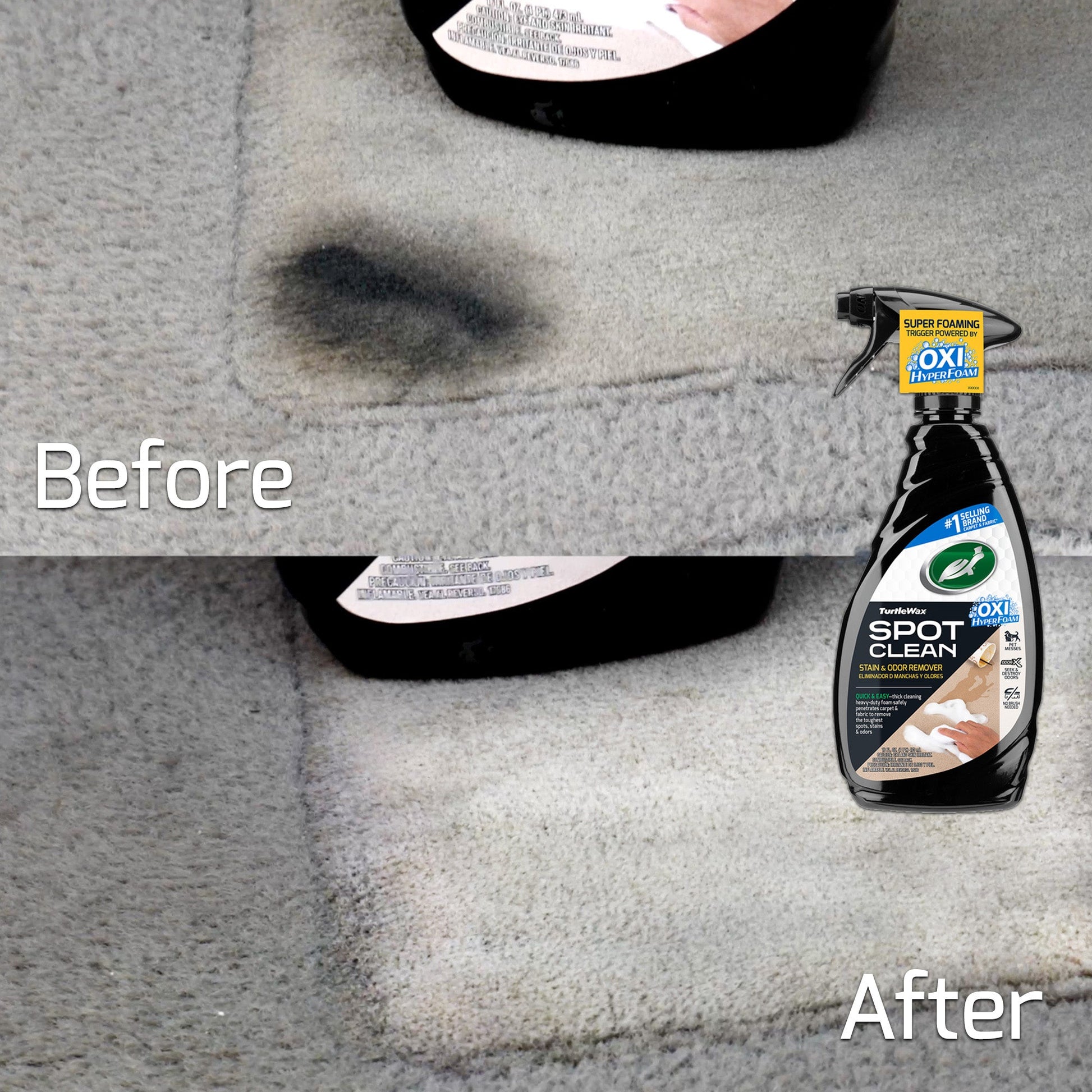 Turtle Wax stain remover showing before & after cleaning carpet/fabric. OXI HyperFoam formula for home use available. धागों का दाग हटाने का उपाय।