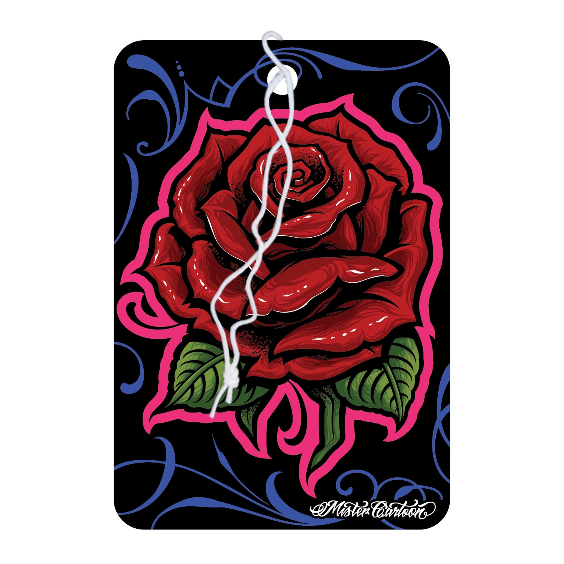 "So Fresh" fragrance card with red rose, leaves, & decorative swirls on black. Car accessory.
