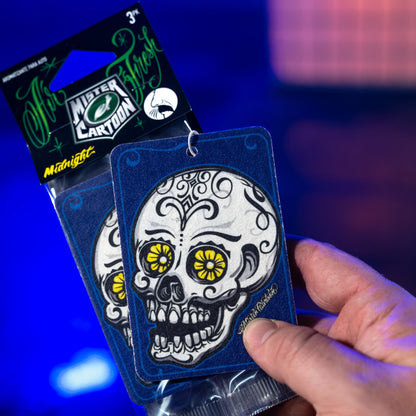 "Midnight" paper freshener: decorative skull design. Automotive accessory, fresh scent. For car care in India.