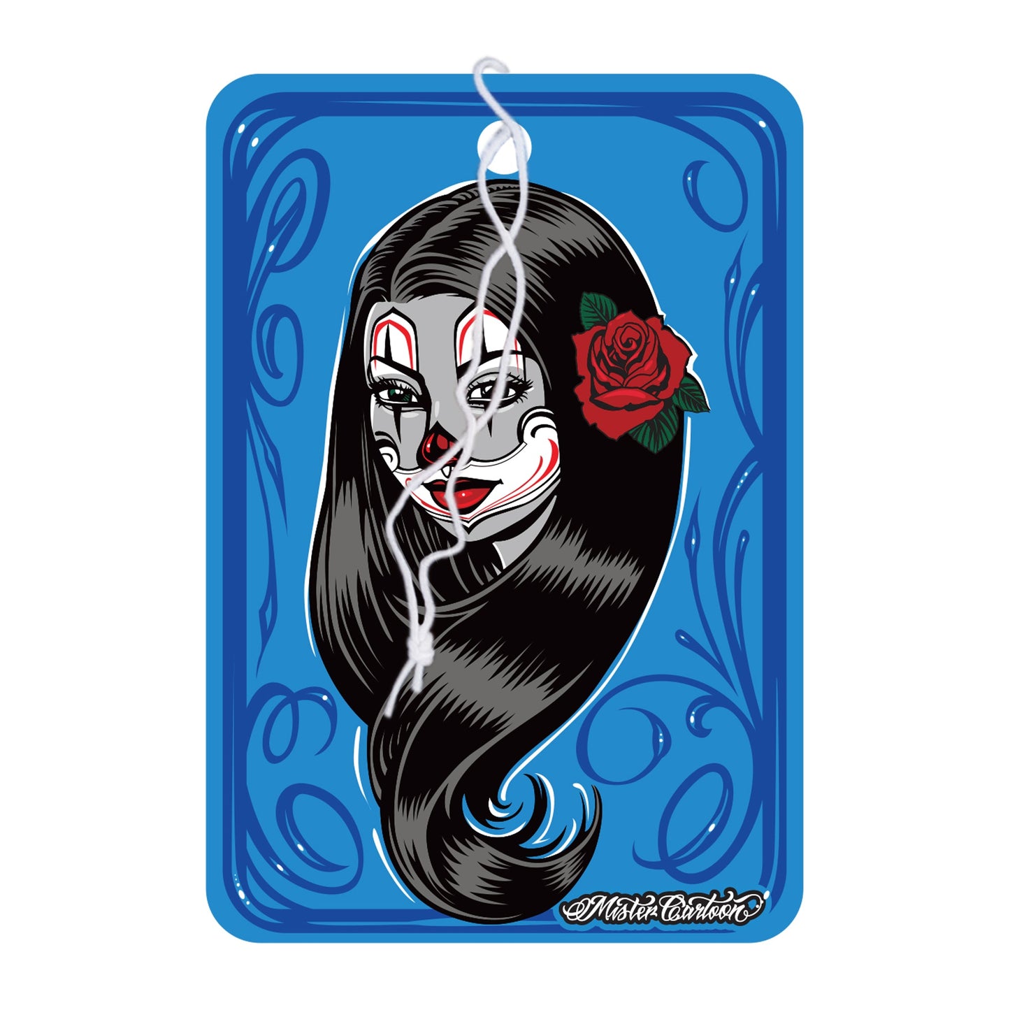 Blue air freshener featuring a woman's face with clown makeup and a rose. India themed.