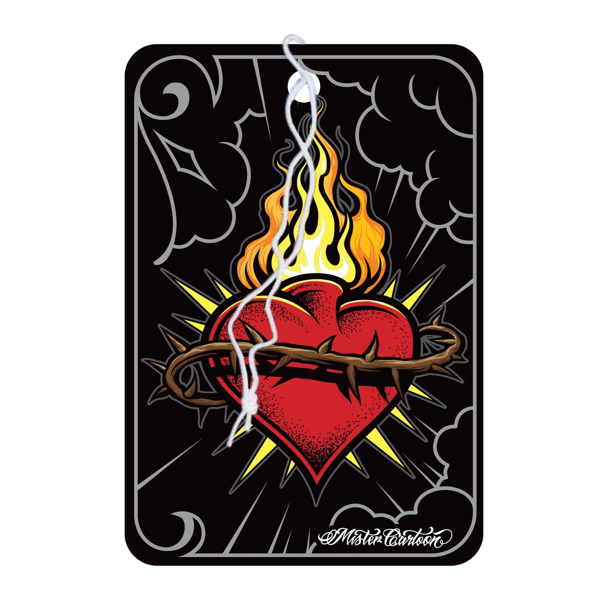 Sacred heart air freshener. Red heart with thorns and flames. Mister Cartoon design. Indian car accessory.