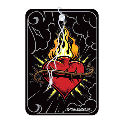 Sacred heart air freshener. Red heart with thorns and flames. Mister Cartoon design. Indian car accessory.