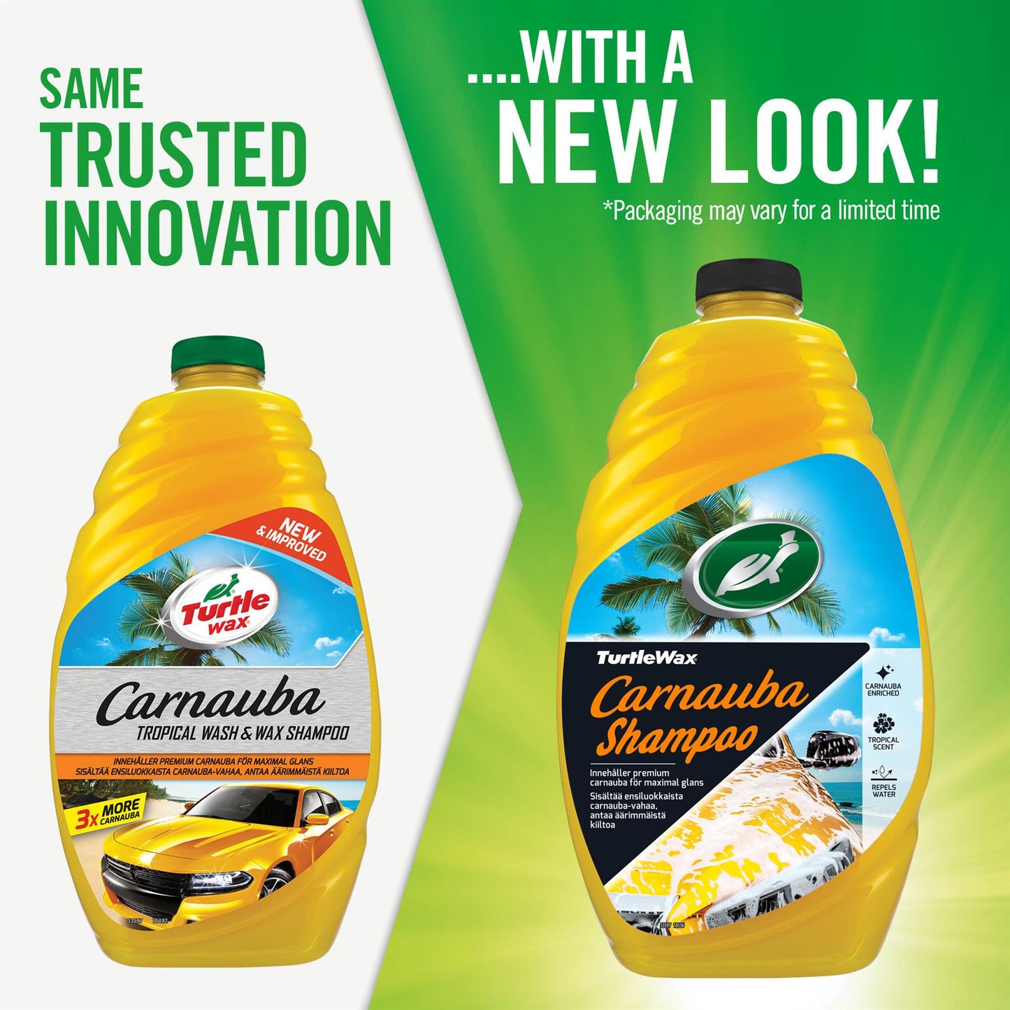 Turtle Wax Carnauba Shampoo for maximal glans.  Cleans & waxes cars. Tropical scent. Carnauba enriched. Water repellent.