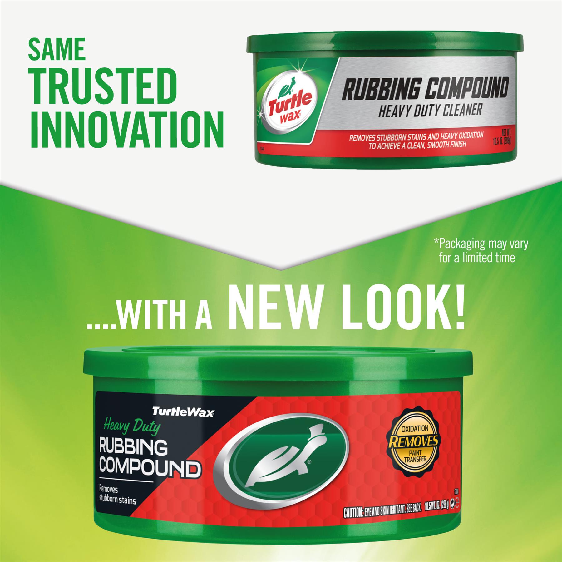 Turtle Wax rubbing compound (298gm) for car paint restoration. Removes stains, oxidation, and paint transfer. Now with new look in India.