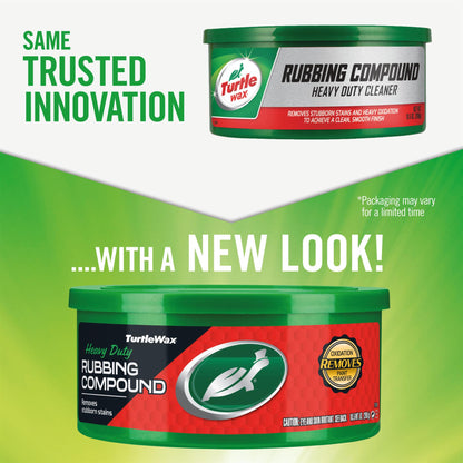 Turtle Wax rubbing compound (298gm) for car paint restoration. Removes stains, oxidation, and paint transfer. Now with new look in India.