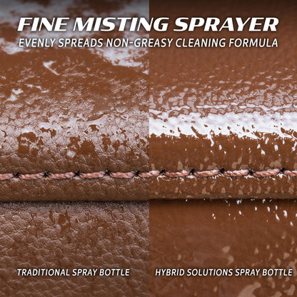 Leather cleaning spray comparison. Fine mist spreads Turtle Wax non-greasy formula evenly. Before and after result on brown leather.