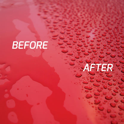 Car surface "before and after" treatment. Water beads on the right show the Turtle Wax effect.
