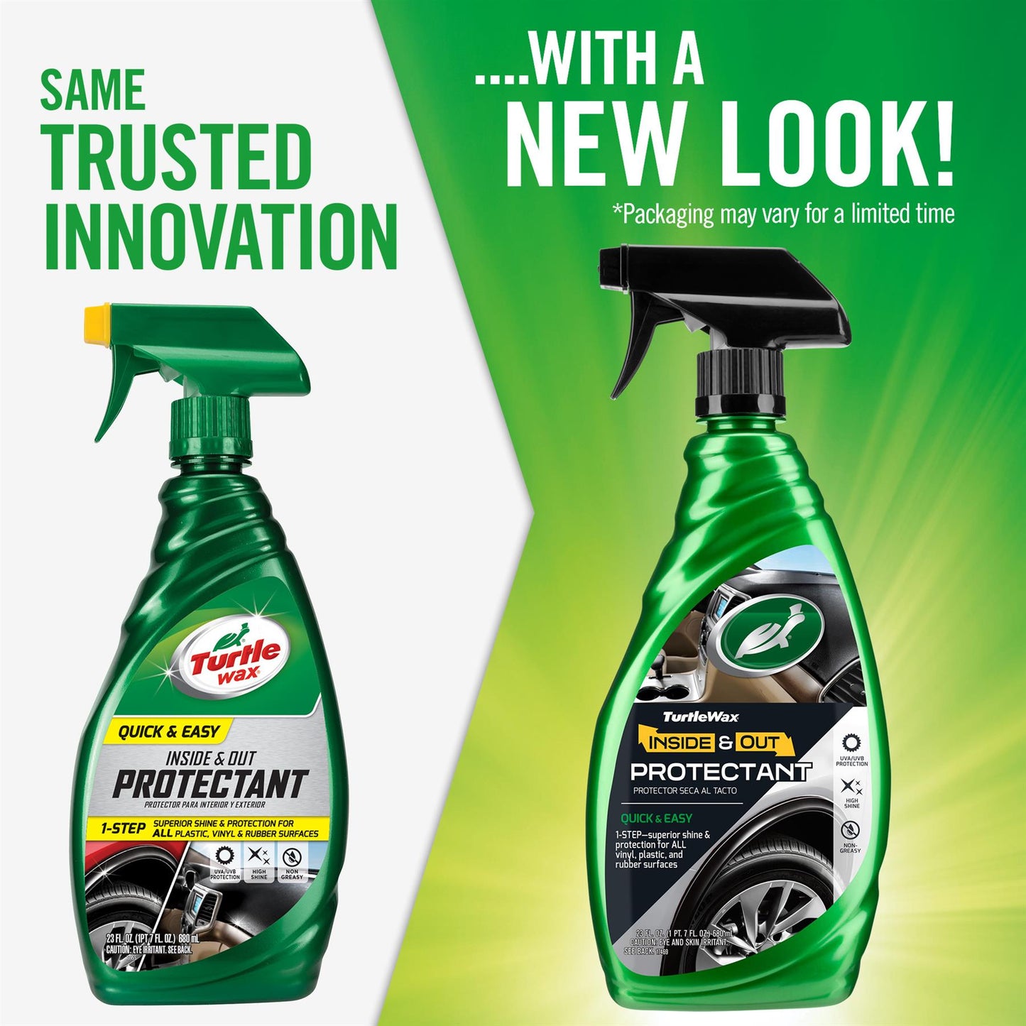 Turtle Wax Inside & Out Protectant (680ml) with New Look. Quick & easy shine & protection for car's plastic, vinyl, & rubber surfaces.