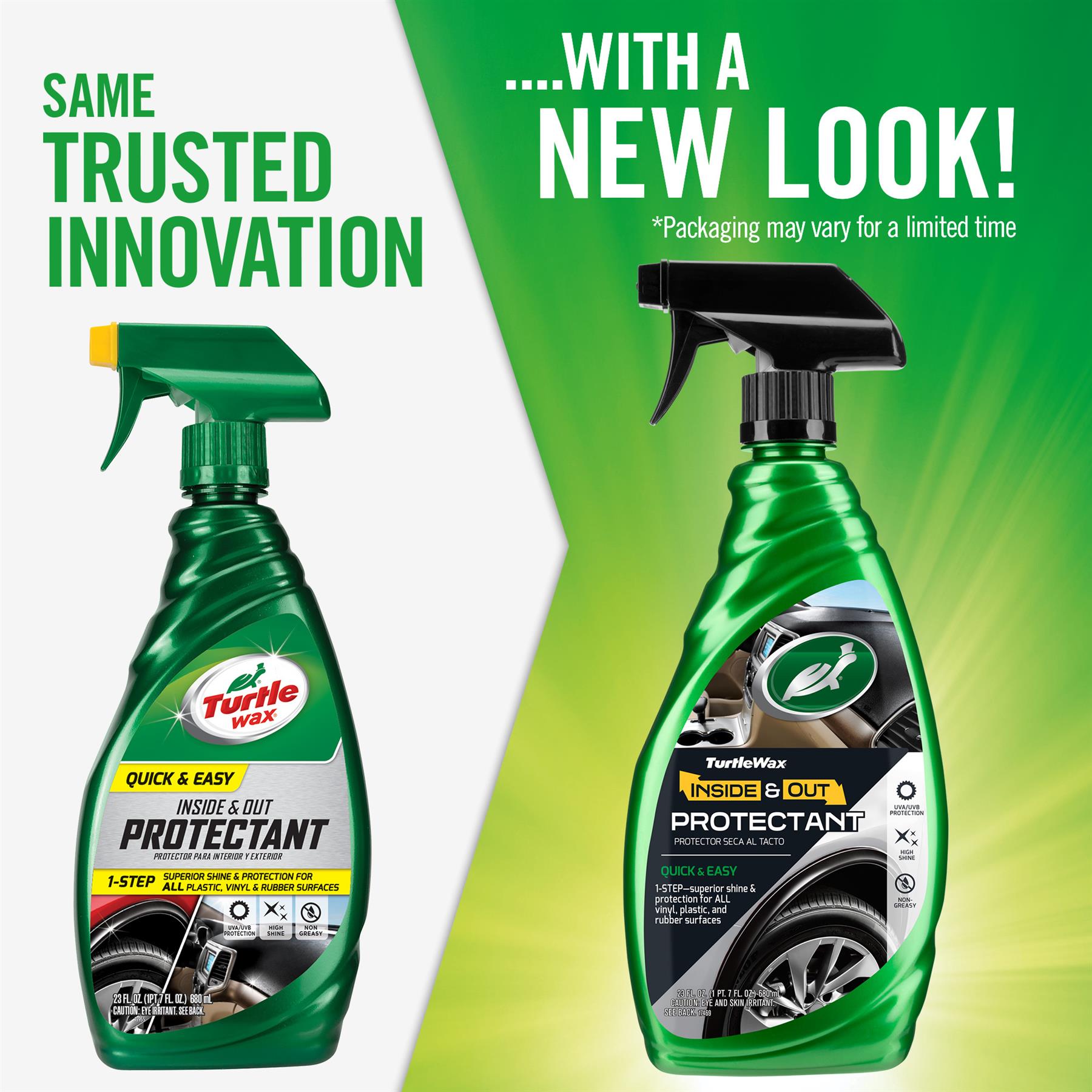 Turtle Wax Inside & Out Protectant (680ml) with New Look. Quick & easy shine & protection for car's plastic, vinyl, & rubber surfaces.