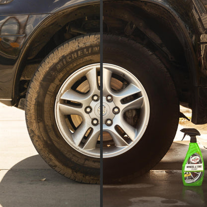 Dirty vs. Clean wheels & tires. Turtle Wax Wheel & Tire Cleaner's deep cleaning foam eliminates brake dust from cars in India.
