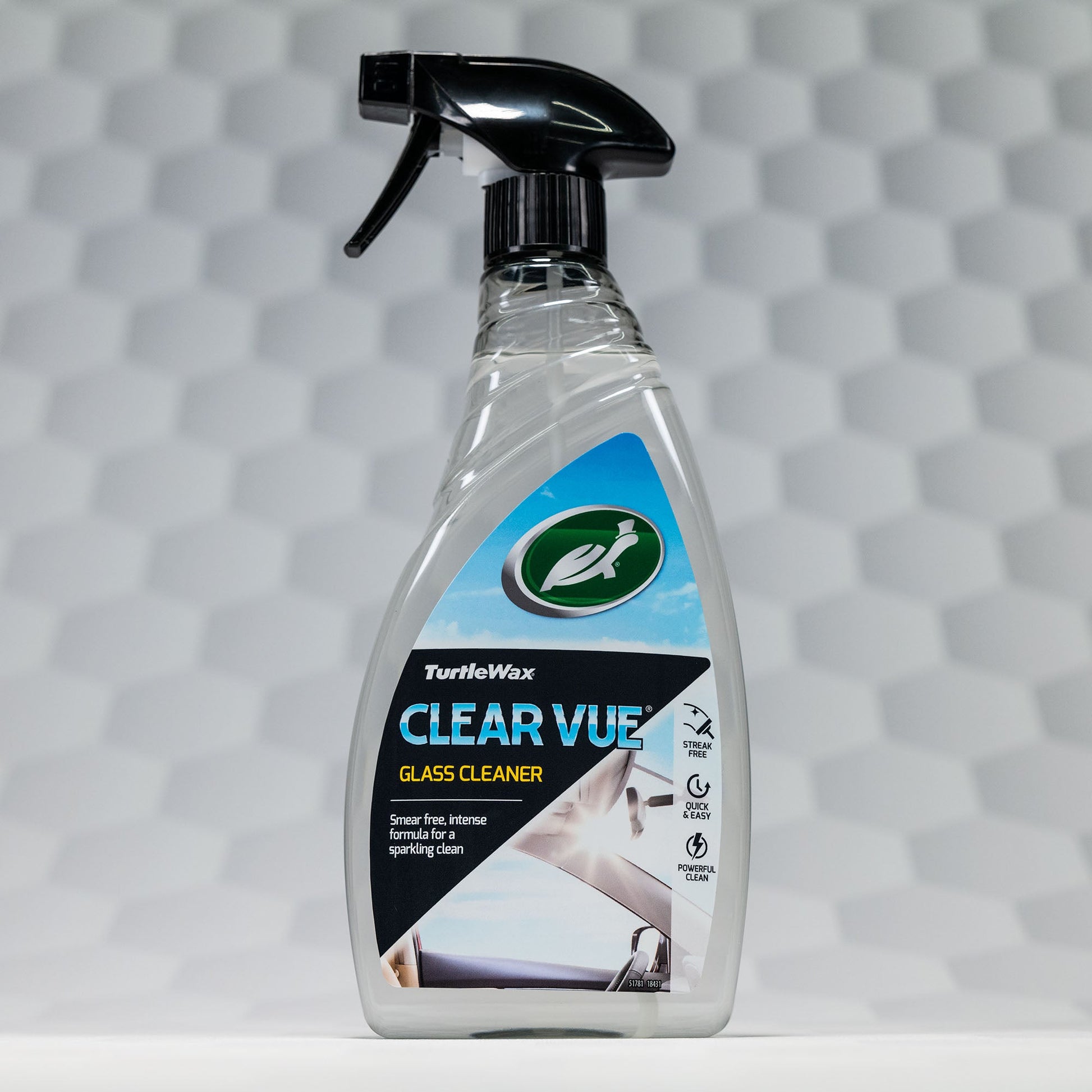Turtle Wax Clear Vue Glass Cleaner Spray 300ml bottle shown. Streak-free, quick & easy powerful clean for car windows in India.