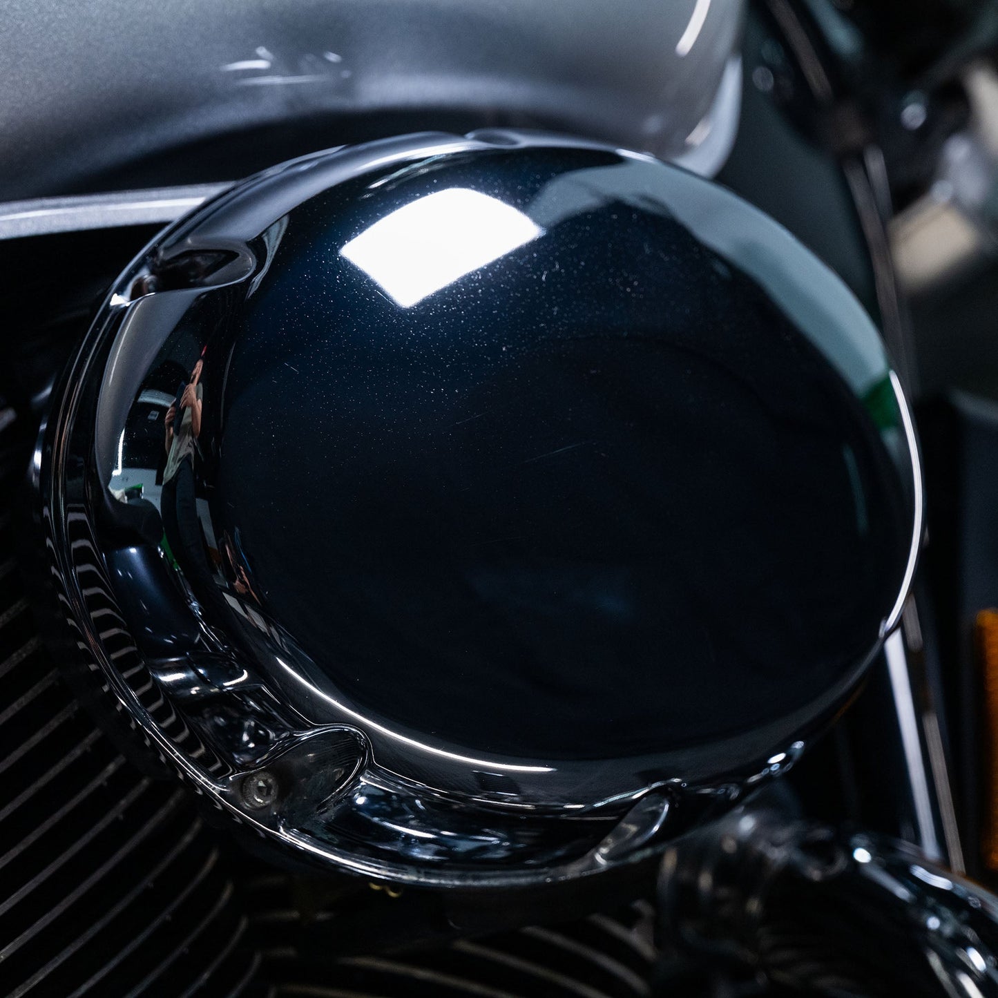 Polished chrome gleams on a motorcycle engine. Turtle Wax brings out the shine on metal surfaces, restoring luster. #bikecare #metalpolish
