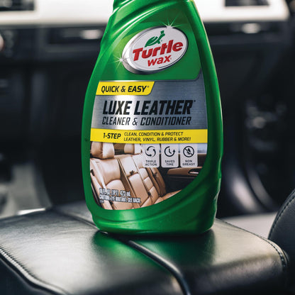 Turtle Wax Luxe Leather Cleaner & Conditioner bottle. Car leather cleaning & conditioning for Indian vehicles. Quick, easy, & triple action.