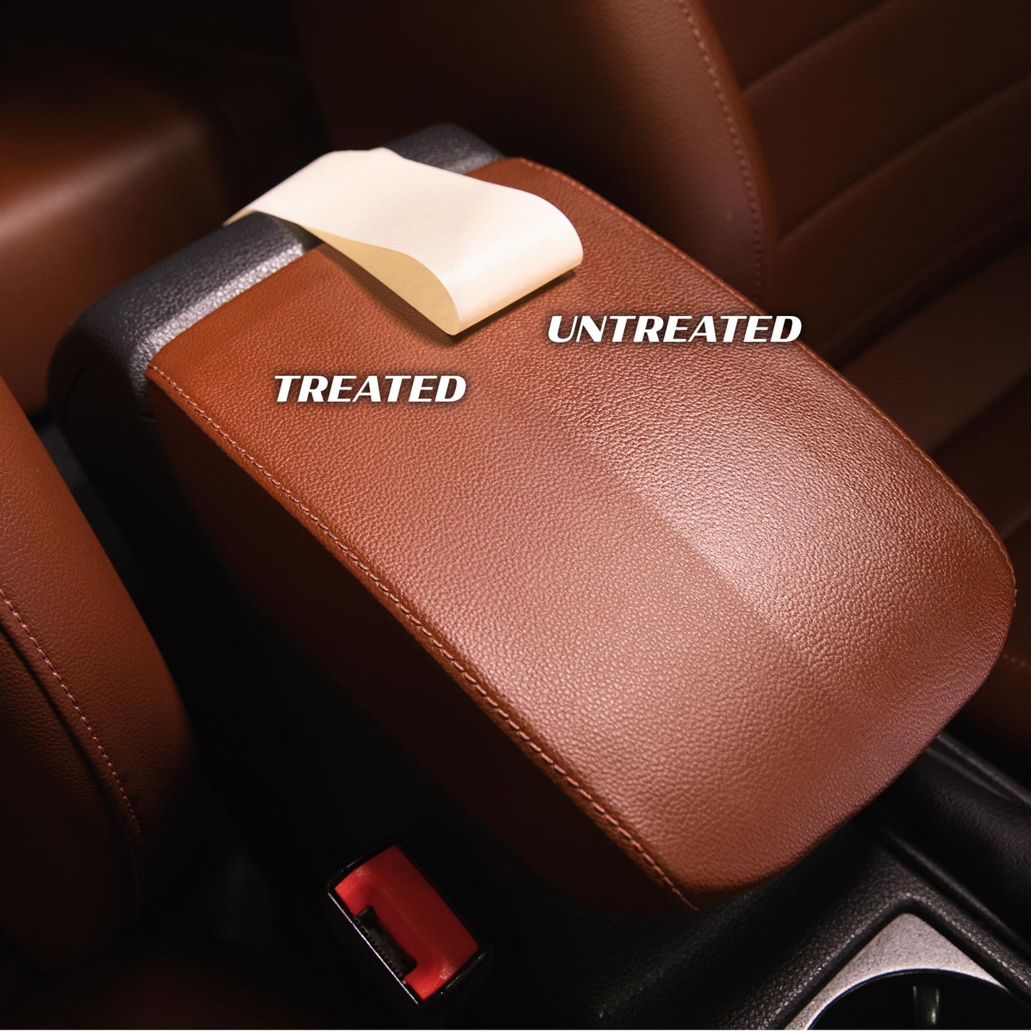 Car's brown leather armrest shows a "Treated" vs. "Untreated" comparison. Auto detailing for Indian car owners.