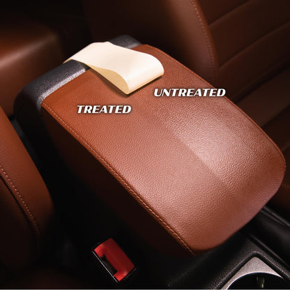 Car's brown leather armrest shows a "Treated" vs. "Untreated" comparison. Auto detailing for Indian car owners.