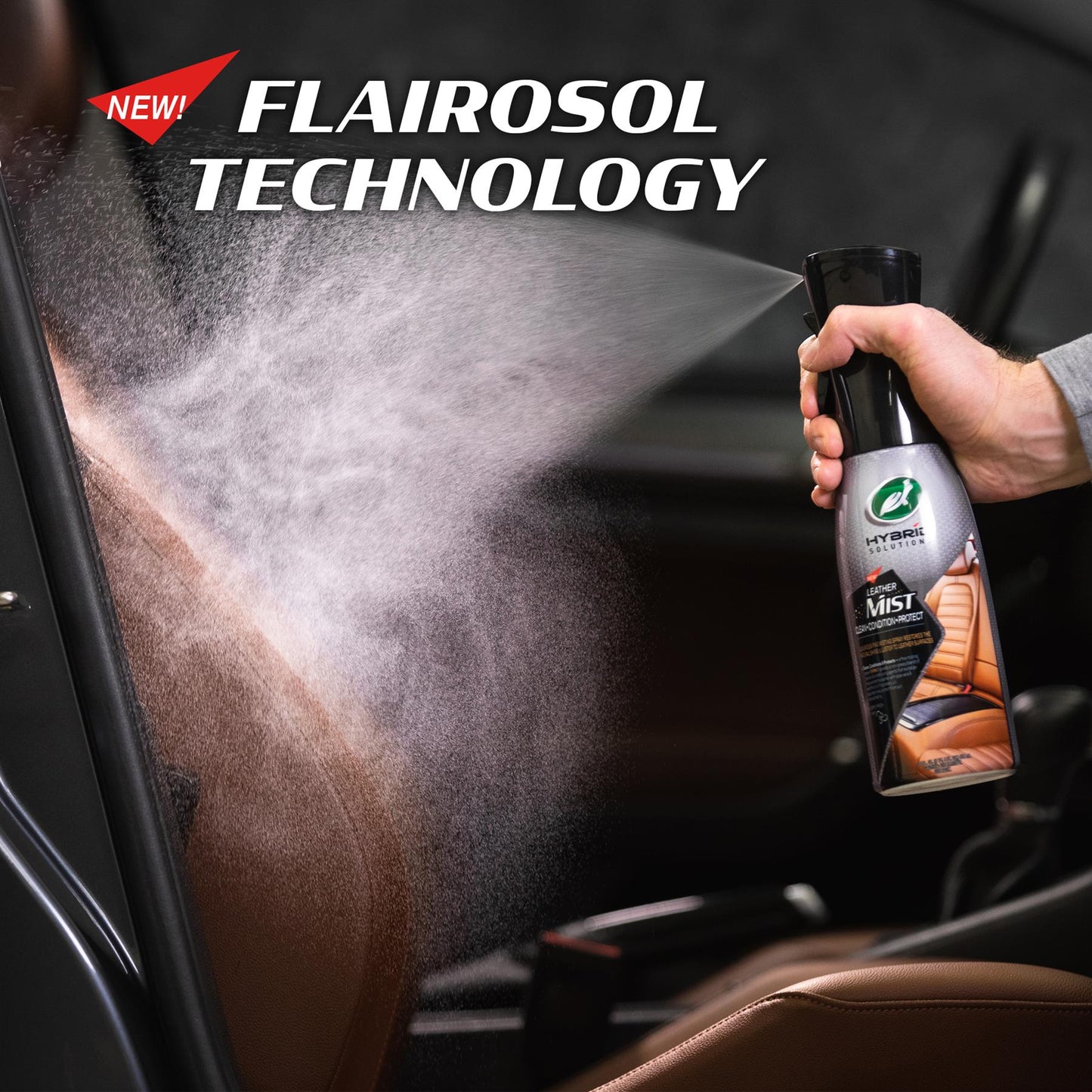 Turtle Wax Leather Mist with Flairosol Tech being sprayed on car seats, interior detailing product for Indian car owners.