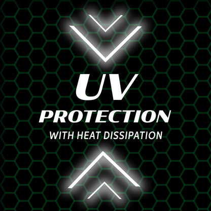 UV protection with heat dissipation and hexagonal pattern background.