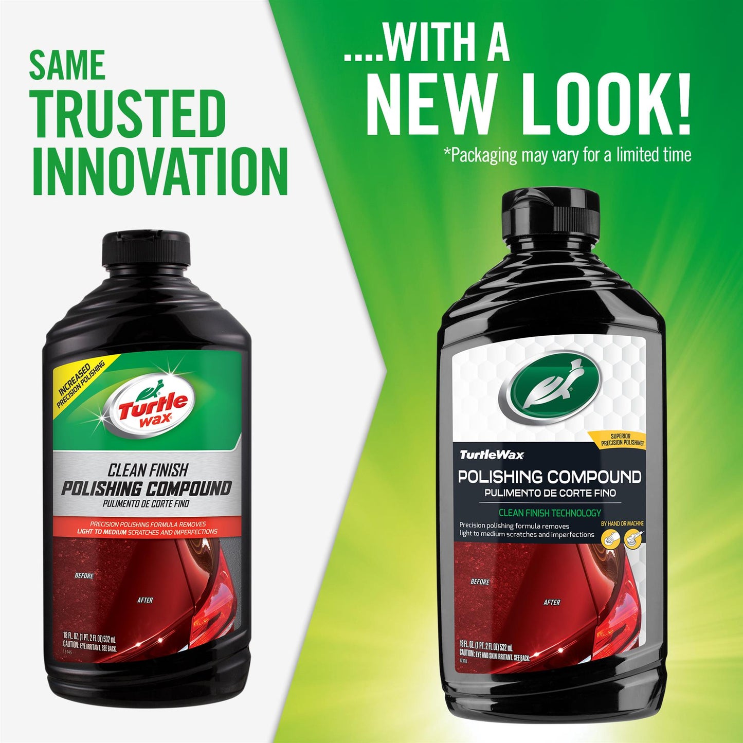 Turtle Wax Polishing Compound 532ml with Clean Finish Technology removes scratches for a smooth surface. Use by hand or machine for car care.