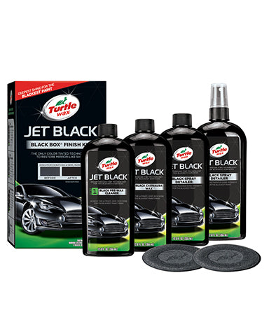 The Turtle Wax Jet Black Black Box Kit contains: 1 Jet Black Black Pre-Wax Cleaner, 1 Jet Black Black Carnauba Wax, 2 Jet Black Black Spray Detailers and 2 microfibres